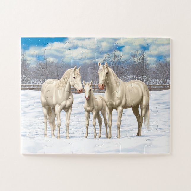 Puzzle Chevaux Du Quartier Du Cremello Blanc En Neige (Horizontal)