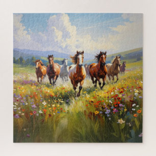 Puzzle Chevaux Sauvages Galopant dans une Prairie Fleurie