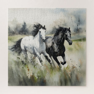 Puzzle Chevaux Sauvages Noirs Blancs Aquarelle