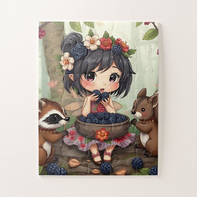 Puzzle Chibi Fairy Eating Blackberries with Forest Friend (Vertical)