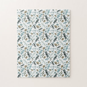 Puzzle Chic Stylish Dragonflies Blues Teals Gris Fleurs