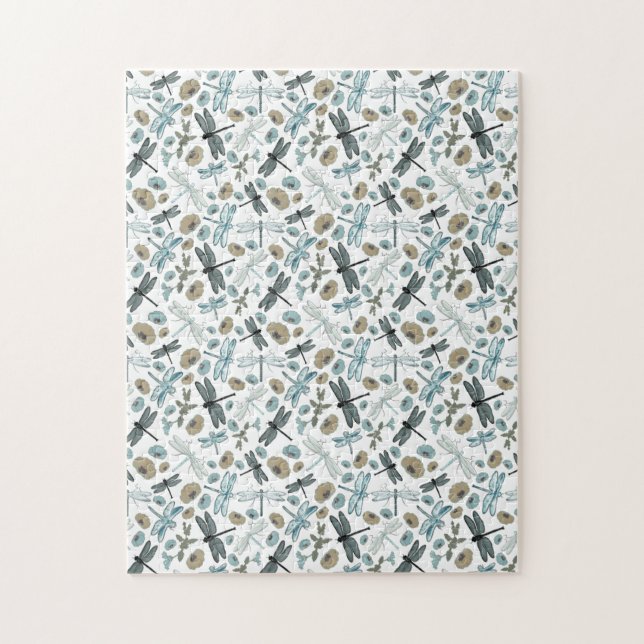Puzzle Chic Stylish Dragonflies Blues Teals Gris Fleurs (Vertical)
