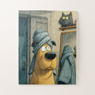 Puzzle Chien à tête de serviette et chat sournois - Puzzl