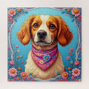 Puzzle Chien adorable encadré de fleurs colorées
