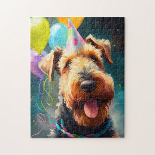 Puzzle Chien Airedale avec casquette d'anniversaire et ba
