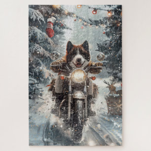 Puzzle Chien Akita Américain en moto Noël