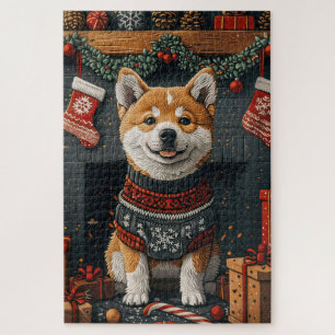 Puzzle Chien Akita avec cheminée de cadeaux de Noël