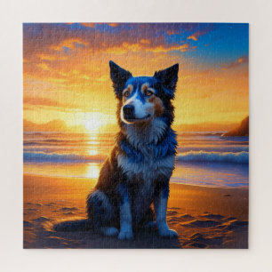 Puzzle Chien assis sur Ocean Beach au coucher du soleil