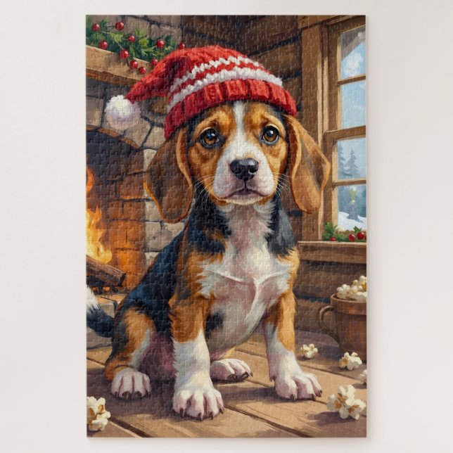 Puzzle Chien Beagle joyeux en bonnet de tricot douillet (Vertical)