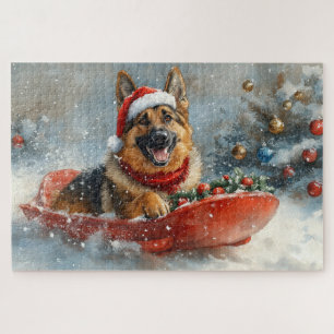 Puzzle Chien Berger Allemand en Luge Neige Noël