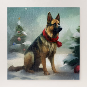 Puzzle Chien berger allemand en Noël de neige