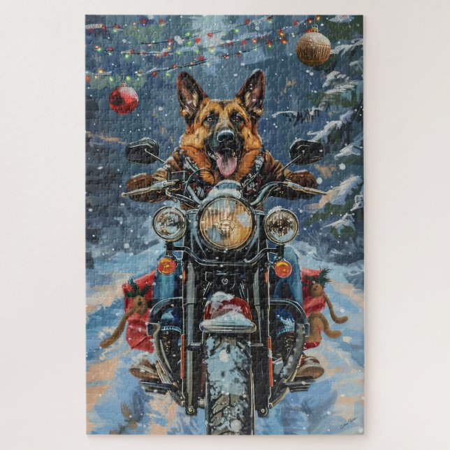 Puzzle Chien berger allemand équitation moto Noël (Vertical)