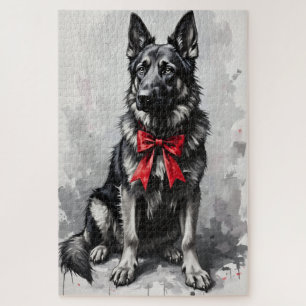 Puzzle Chien Berger Allemand Nœud Rouge de la Saint-Valen