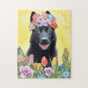 Puzzle Chien berger allemand noir avec fleurs printemps