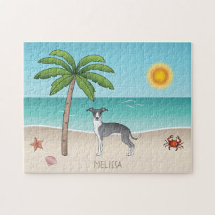 Puzzle Chien Blanc Et Bleu À L'Iggy Sur Une Plage Tropica