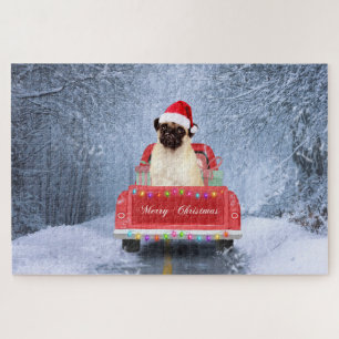 Puzzle Chien carlin en neige assis dans un camion de Noël