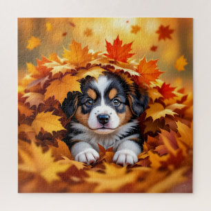 Puzzle Chien chic mignon dans les feuilles d'automne
