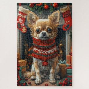 Puzzle Chien Chihuahua avec cheminée de cadeaux de Noël