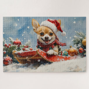 Puzzle Chien Chihuahua en Traîneau Qu'il neige Noël