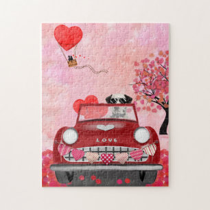 Puzzle Chien Dalmatien Conduisant une Voiture avec des Cœ