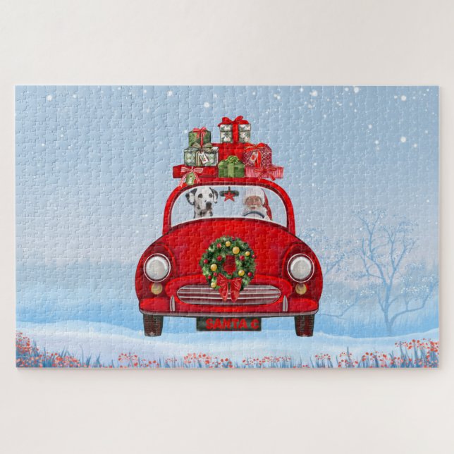 Puzzle Chien Dalmatien En Voiture Avec Le Père Noël (Horizontal)