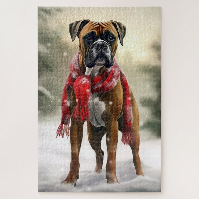 Puzzle Chien de boxe en Noël de neige (Vertical)
