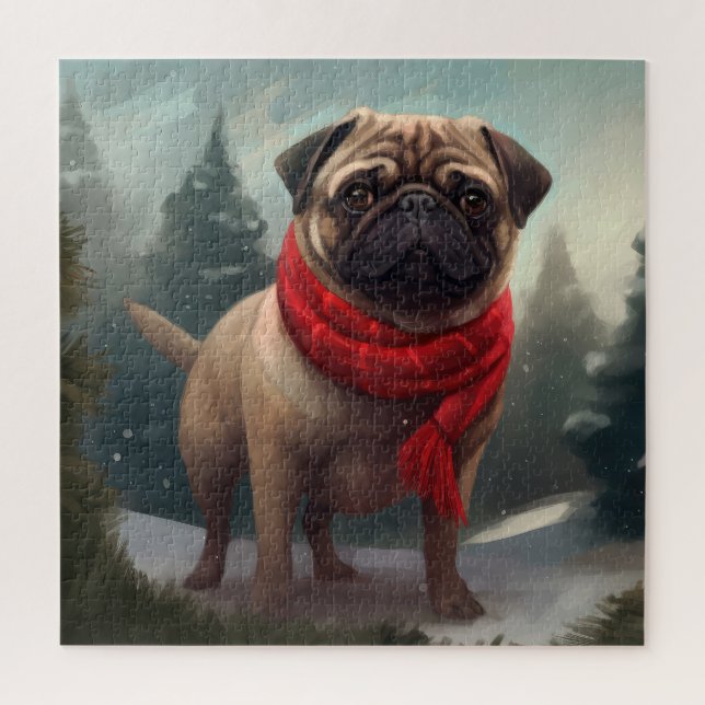 Puzzle Chien de carlin en Noël de neige (Vertical)