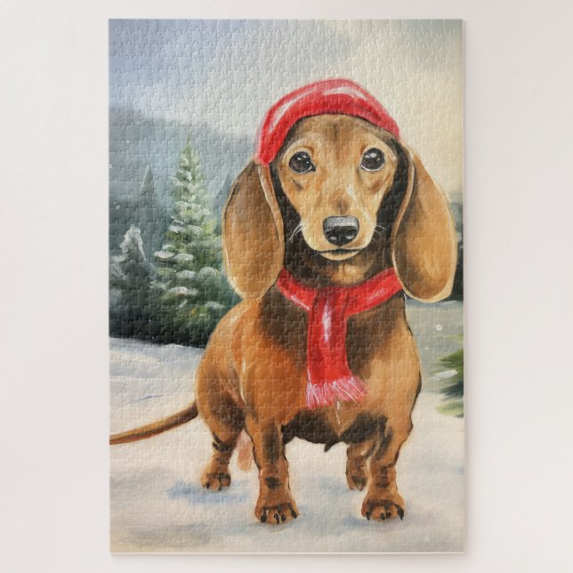 Puzzle Chien de Dachshund à Noël de neige (Vertical)