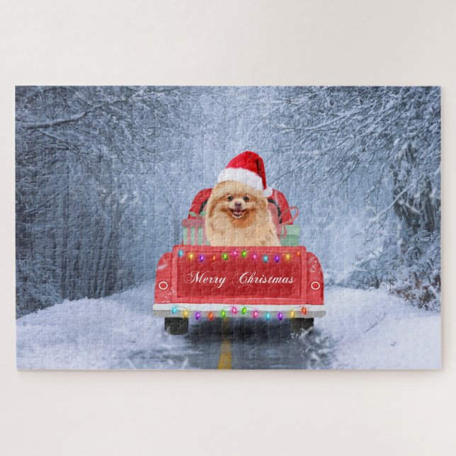 Puzzle Chien de Poméranie en neige assis sur un camion de (Horizontal)
