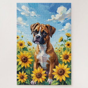 Puzzle Chien de printemps Boxer Champ de Tournesol
