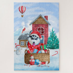 Puzzle Chien de Sibérie Husky dans la neige Maison de Chi