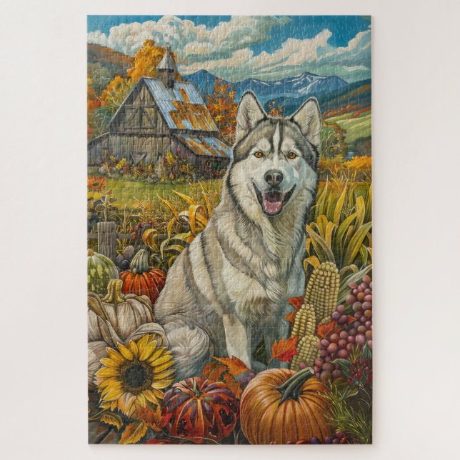Puzzle Chien de Sibérie Husky Moisson d'automne Thanksgiv (Vertical)