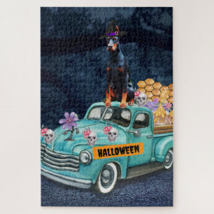 Puzzle Chien Doberman Halloween Camion Nuit Effrayante