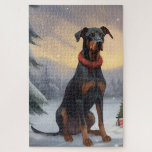Puzzle Chien Doberman pendant Noël de neige
