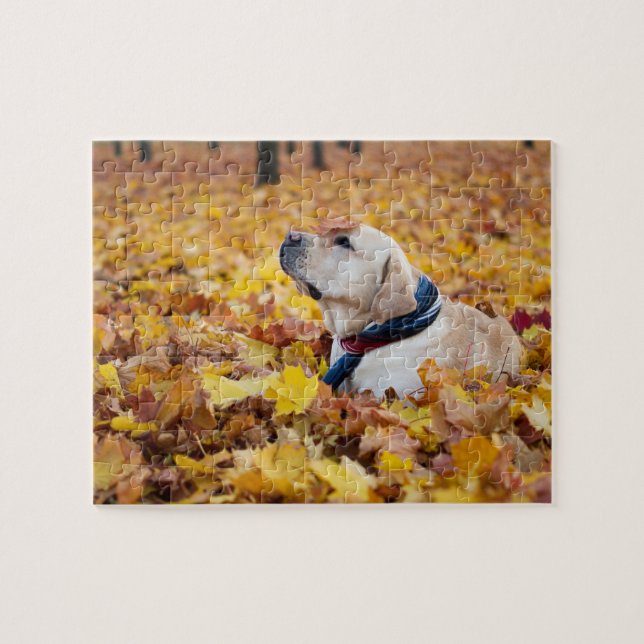 Puzzle Chien du Labrador mignon dans les feuilles d'autom (Horizontal)