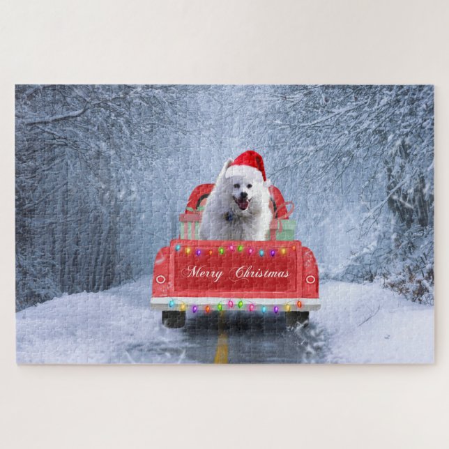 Puzzle Chien Eskimo américain en neige assis à Noël (Horizontal)