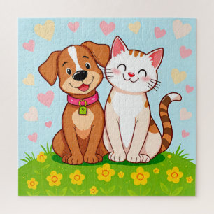 Puzzle Chien et chat de dessin animé mignons assis ensemb