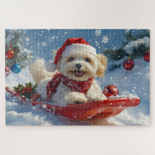Puzzle Chien Havanais en Luge Laissez Tomber la Neige Noë