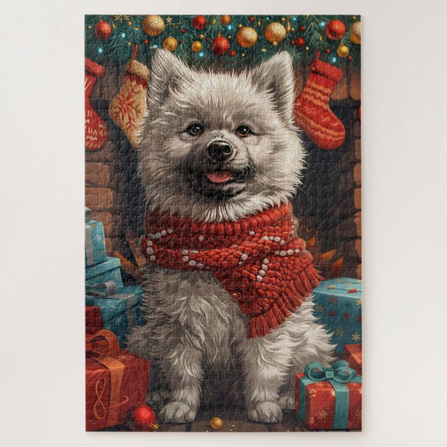 Puzzle Chien Keeshoné avec les cadeaux de Noël cheminée (Vertical)