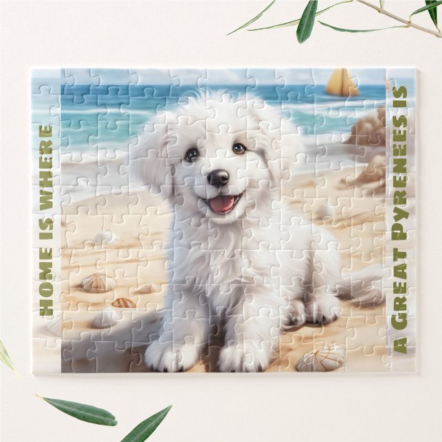 Puzzle Chien mignon Great Pyrenees Chien blanc Nom person (Cute Dog Great Pyrenees White Puppy Custom Name Jigsaw Puzzle)