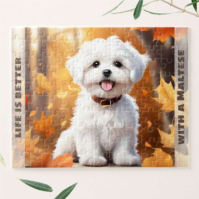 Puzzle Chien mignon Maltais Chiot Citrouille Automne Nom  (Cute Dog Maltese Puppy Pumpkin Fall Autumn Name Jigsaw Puzzle)