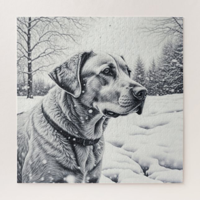 Puzzle Chien noir et blanc AI Croquis hiver scène (Vertical)