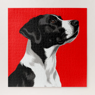 Puzzle Chien noir et blanc sur fond rouge audacieux