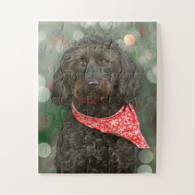 Puzzle chien noir labradoodle Noël (Vertical)