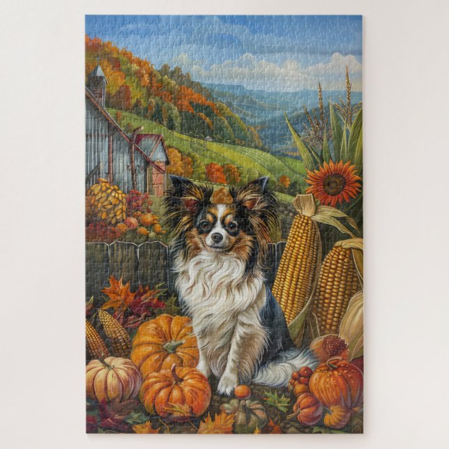 Puzzle Chien Papillon Moisson d'automne Thankesgiving (Vertical)