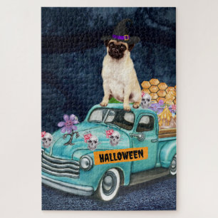 Puzzle Chien Pug Halloween Camion Nuit Effrayante