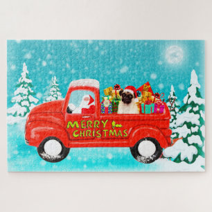 Puzzle Chien Pug Noël camion de livraison de Santa