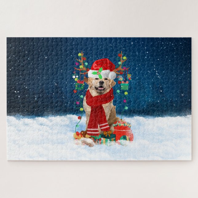 Puzzle Chien Retriever doré avec des cadeaux de Noël (Horizontal)