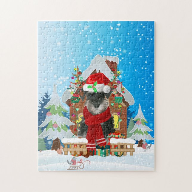 Puzzle Chien Schnauzer avec cadeaux de Noël (Vertical)