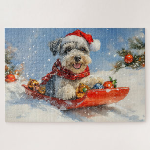 Puzzle Chien Schnauzer en Traîneau Qu'il neige Noël